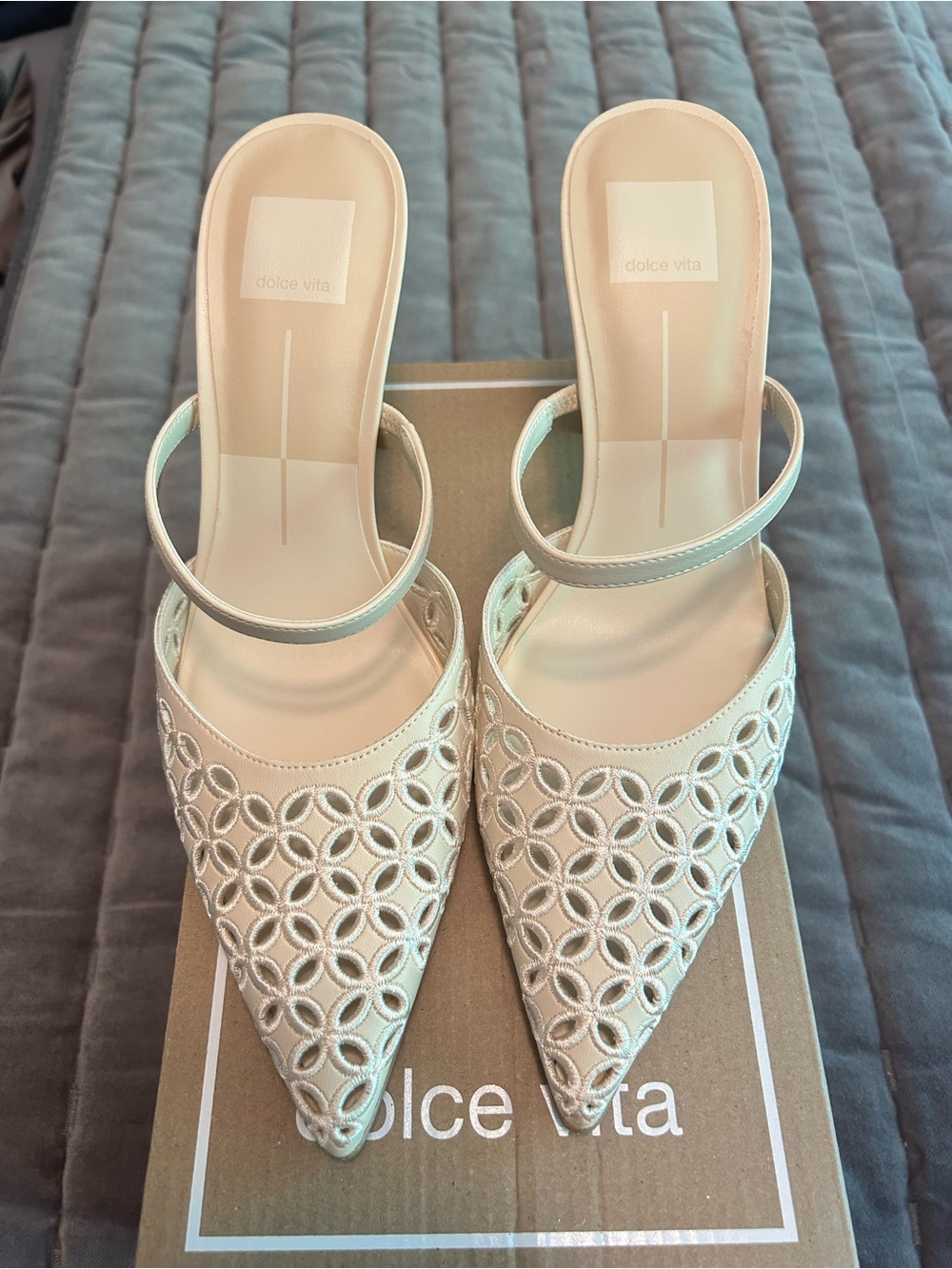 Dolce Vita Cream Pointed Mules with Embroidered Circle Cutouts